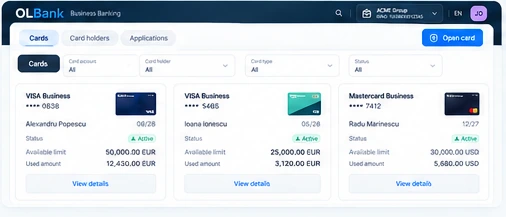 OLBank Business cards product interface concept