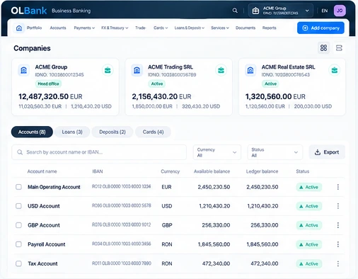 Multi-company selection in the banking interface