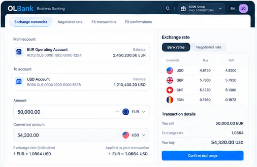 OLBank Foreign exchange product interface concept