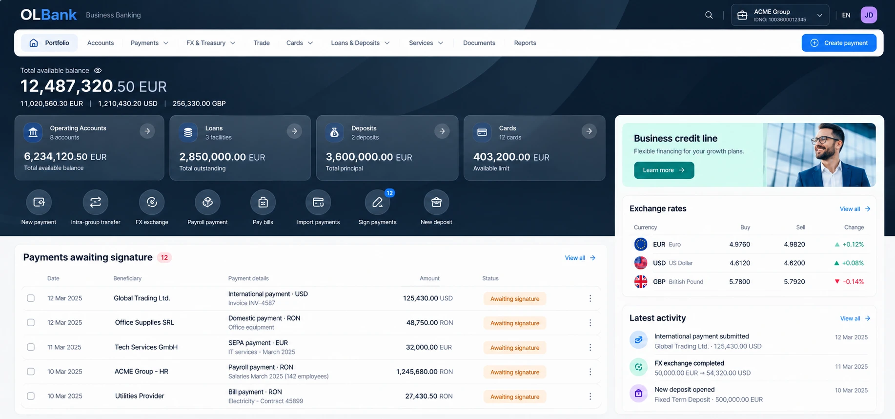 OLBank Business Banking dashboard concept with payments awaiting signature