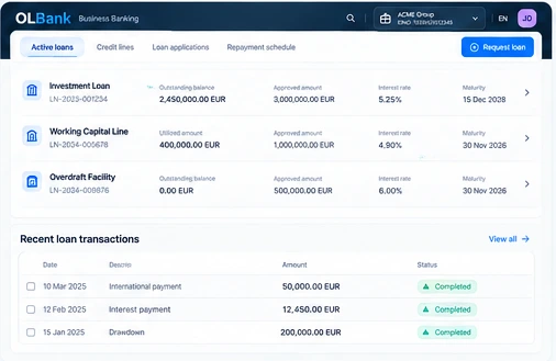 OLBank Loans & financing product interface concept
