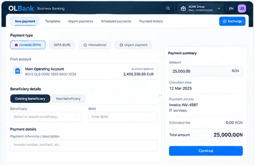 OLBank Payments & transfers product interface concept
